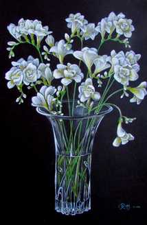 Pencil colour drawing of a bouquet of white freesia flowers in a glass vase on a black paper background