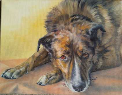Oil Painting of brindle (brown) Staffordshire Bull Terrier-Labrador dog lying on a mat with ears perked