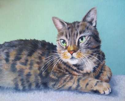 Oil painting of a grey-brown tabby cat with green eyes on a blue background
