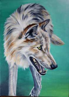 Oil painting of a white-brown wolf with yellow eyes walking on a green background