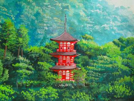 Poster colour painting of Kiyomizu dera Temple Jinja in amongst trees with a forest background