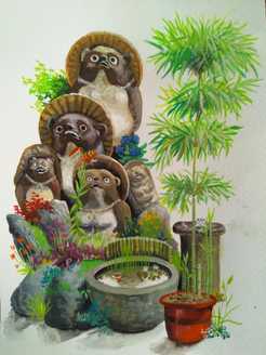 Poster colour painting of tanuki statues with a goldfish pond, bamboo and flowers in Japan
