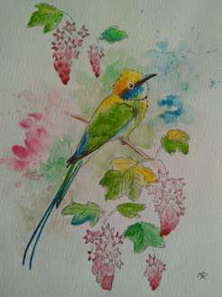 Watercolour painting of a bee eater with pink flowers and colourful background