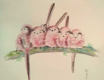 Cute fine detailed watercolour painting of pink long tailed tits huddled together on a mossy branch